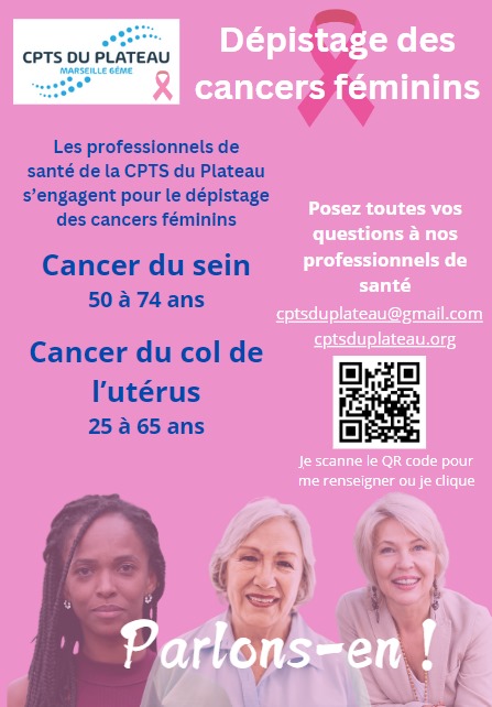 Affiche rappelant l'engagement des professionnels de santé sur la question du dépistage des cancers féminins